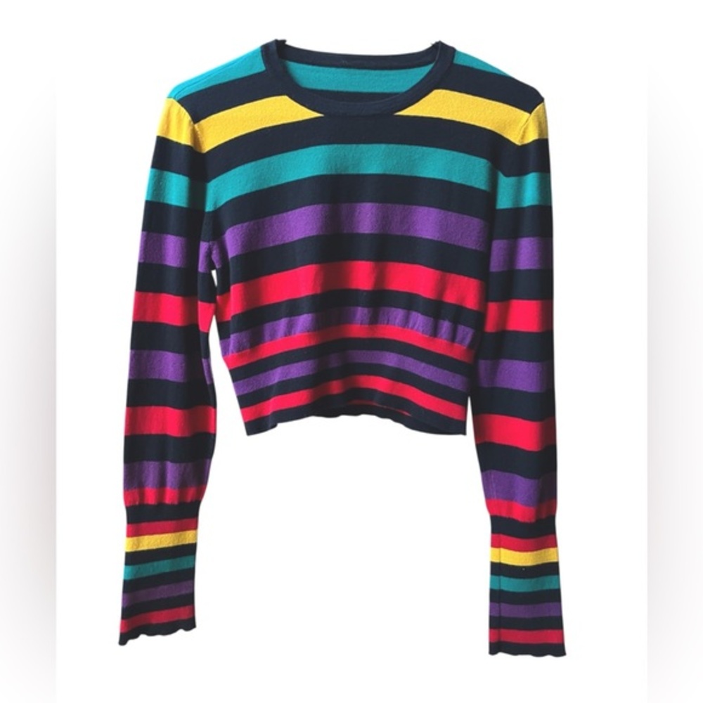 EUC‎ Womens Rainbow Striped Sweater Size S Drop Sleeve Colorful Artsy